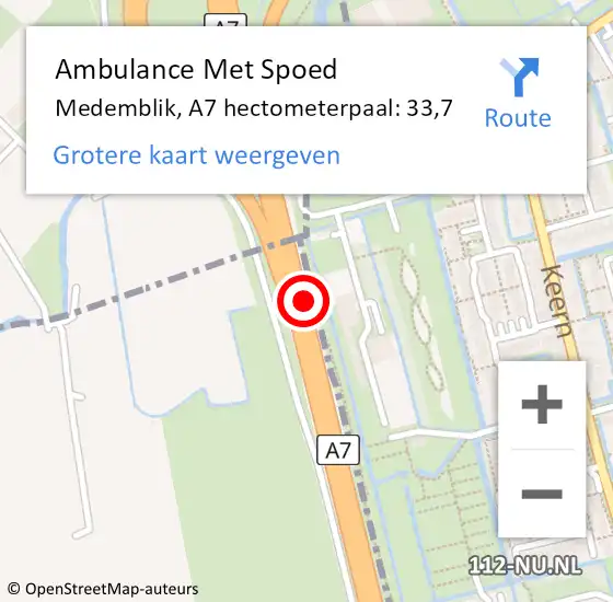 Locatie op kaart van de 112 melding: Ambulance Met Spoed Naar Medemblik, A7 hectometerpaal: 33,7 op 4 september 2021 19:01