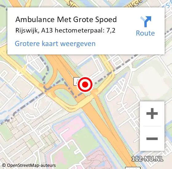 Locatie op kaart van de 112 melding: Ambulance Met Grote Spoed Naar Rijswijk, A13 hectometerpaal: 7,2 op 4 september 2021 19:13
