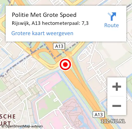 Locatie op kaart van de 112 melding: Politie Met Grote Spoed Naar Rijswijk, A13 hectometerpaal: 7,3 op 4 september 2021 19:34