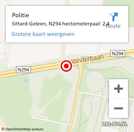 Locatie op kaart van de 112 melding: Politie Sittard-Geleen, N294 hectometerpaal: 2,4 op 4 september 2021 20:13