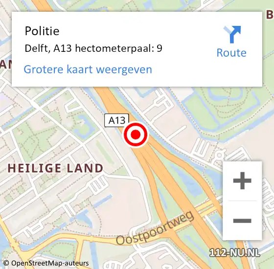 Locatie op kaart van de 112 melding: Politie Delft, A13 hectometerpaal: 9 op 4 september 2021 20:33