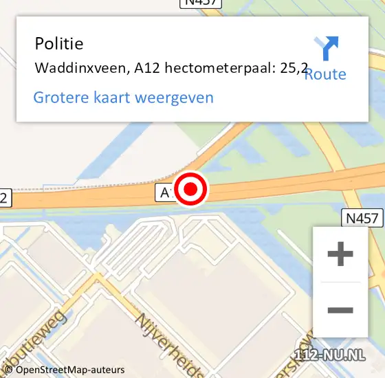Locatie op kaart van de 112 melding: Politie Waddinxveen, A12 hectometerpaal: 25,2 op 4 september 2021 21:51