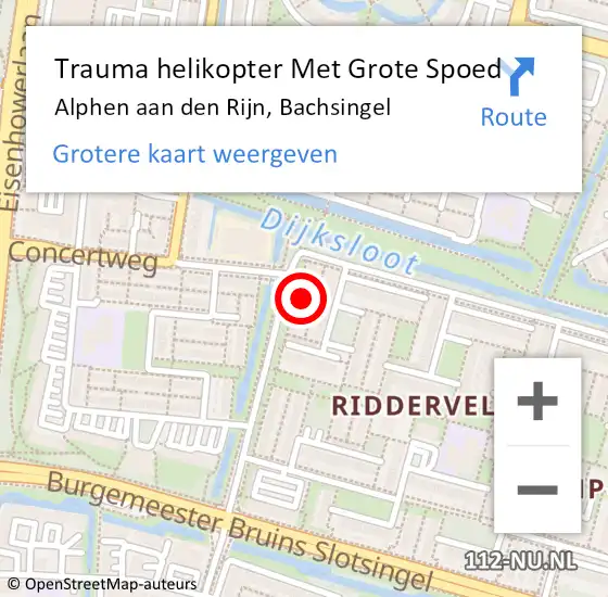 Locatie op kaart van de 112 melding: Trauma helikopter Met Grote Spoed Naar Alphen aan den Rijn, Bachsingel op 4 september 2021 22:48