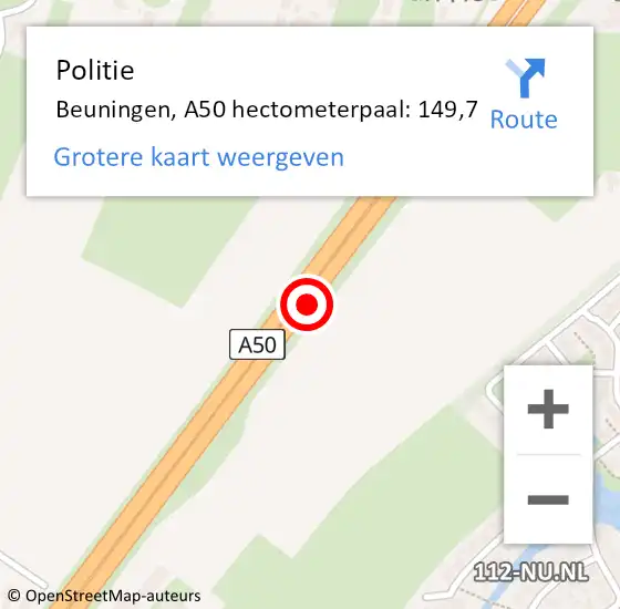 Locatie op kaart van de 112 melding: Politie Beuningen, A50 hectometerpaal: 149,7 op 4 september 2021 23:41