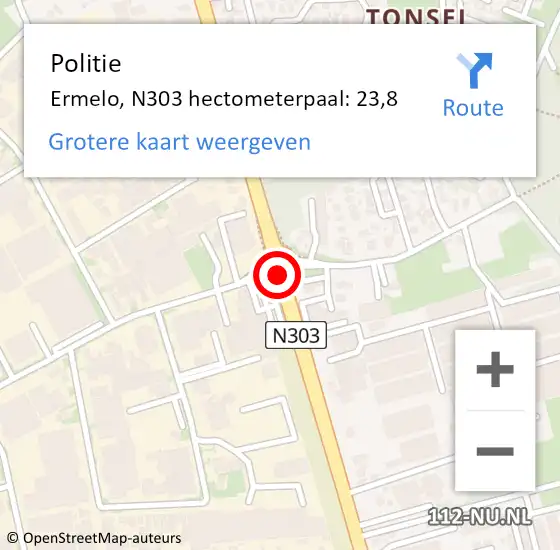 Locatie op kaart van de 112 melding: Politie Ermelo, N303 hectometerpaal: 23,8 op 5 september 2021 00:18