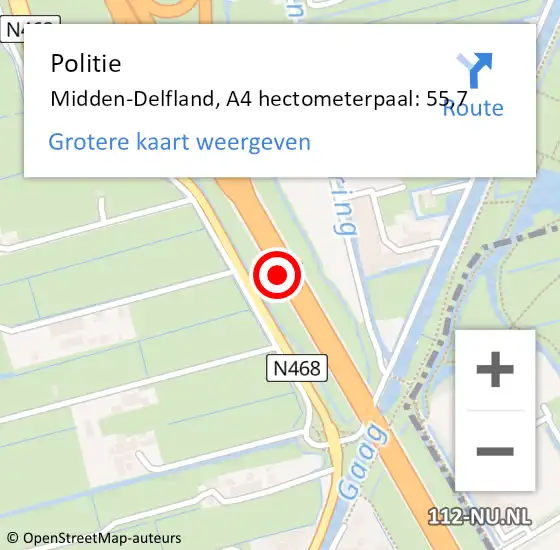 Locatie op kaart van de 112 melding: Politie Midden-Delfland, A4 hectometerpaal: 55,7 op 5 september 2021 00:36