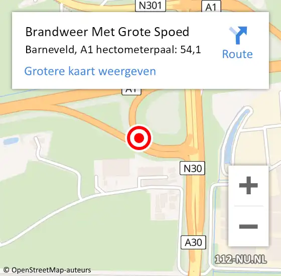 Locatie op kaart van de 112 melding: Brandweer Met Grote Spoed Naar Barneveld, A1 hectometerpaal: 54,1 op 5 september 2021 11:13