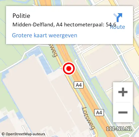 Locatie op kaart van de 112 melding: Politie Midden-Delfland, A4 hectometerpaal: 54,6 op 5 september 2021 11:51
