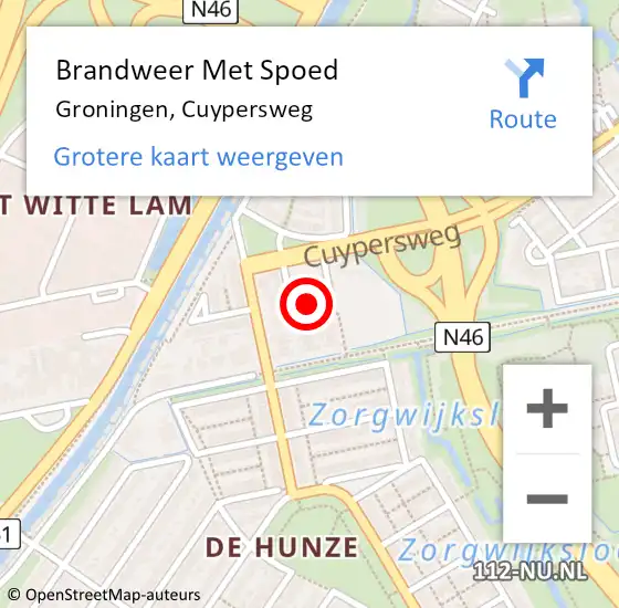 Locatie op kaart van de 112 melding: Brandweer Met Spoed Naar Groningen, Cuypersweg op 5 september 2021 13:31