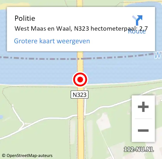 Locatie op kaart van de 112 melding: Politie West Maas en Waal, N323 hectometerpaal: 2,7 op 5 september 2021 13:45