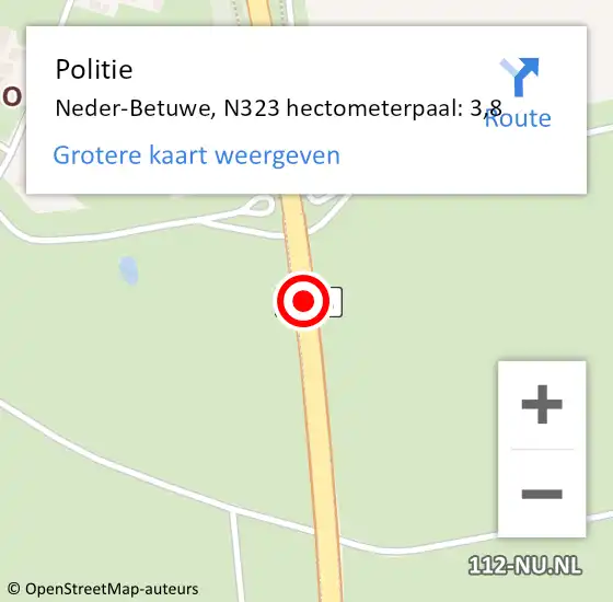 Locatie op kaart van de 112 melding: Politie Neder-Betuwe, N323 hectometerpaal: 3,8 op 5 september 2021 13:53