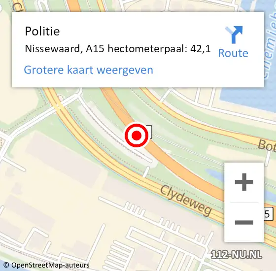 Locatie op kaart van de 112 melding: Politie Bernisse, A15 hectometerpaal: 42,1 op 5 september 2021 13:54