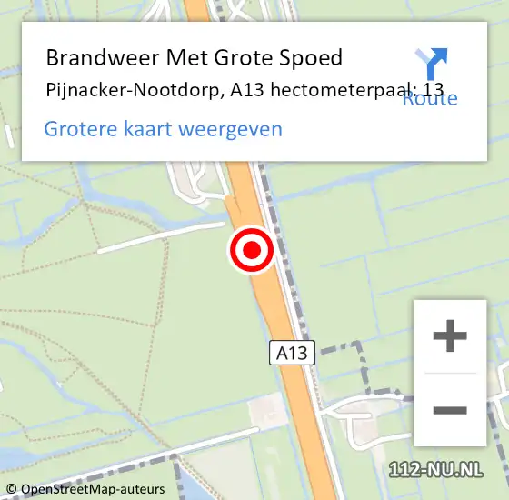 Locatie op kaart van de 112 melding: Brandweer Met Grote Spoed Naar Pijnacker-Nootdorp, A13 hectometerpaal: 13 op 5 september 2021 14:33