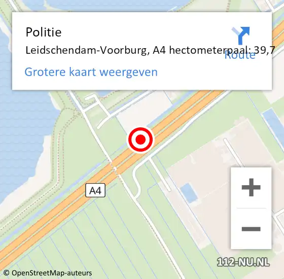 Locatie op kaart van de 112 melding: Politie Leidschendam-Voorburg, A4 hectometerpaal: 39,7 op 5 september 2021 15:13