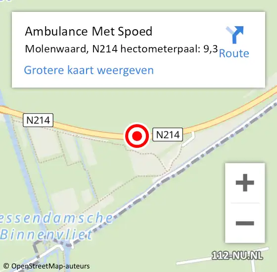 Locatie op kaart van de 112 melding: Ambulance Met Spoed Naar Molenwaard, N214 hectometerpaal: 9,3 op 5 september 2021 16:45