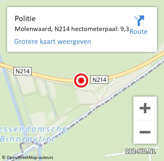 Locatie op kaart van de 112 melding: Politie Molenwaard, N214 hectometerpaal: 9,3 op 5 september 2021 16:47