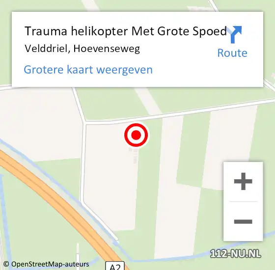 Locatie op kaart van de 112 melding: Trauma helikopter Met Grote Spoed Naar Velddriel, Hoevenseweg op 5 september 2021 17:28