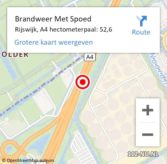 Locatie op kaart van de 112 melding: Brandweer Met Spoed Naar Rijswijk, A4 hectometerpaal: 52,6 op 5 september 2021 18:01