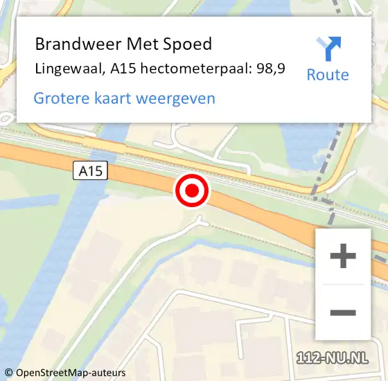 Locatie op kaart van de 112 melding: Brandweer Met Spoed Naar Lingewaal, A15 hectometerpaal: 98,9 op 5 september 2021 19:15