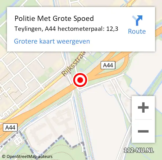 Locatie op kaart van de 112 melding: Politie Met Grote Spoed Naar Teylingen, A44 hectometerpaal: 12,3 op 5 september 2021 19:47