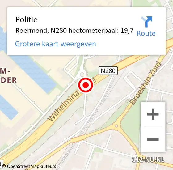 Locatie op kaart van de 112 melding: Politie Roermond, N280 hectometerpaal: 19,7 op 5 september 2021 21:23