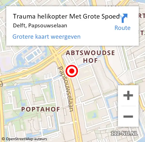 Locatie op kaart van de 112 melding: Trauma helikopter Met Grote Spoed Naar Delft, Papsouwselaan op 5 september 2021 23:27