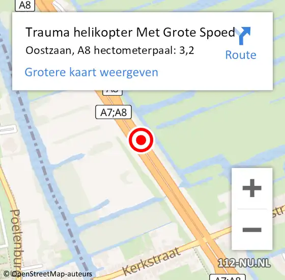 Locatie op kaart van de 112 melding: Trauma helikopter Met Grote Spoed Naar Oostzaan, A8 hectometerpaal: 3,2 op 5 september 2021 23:33