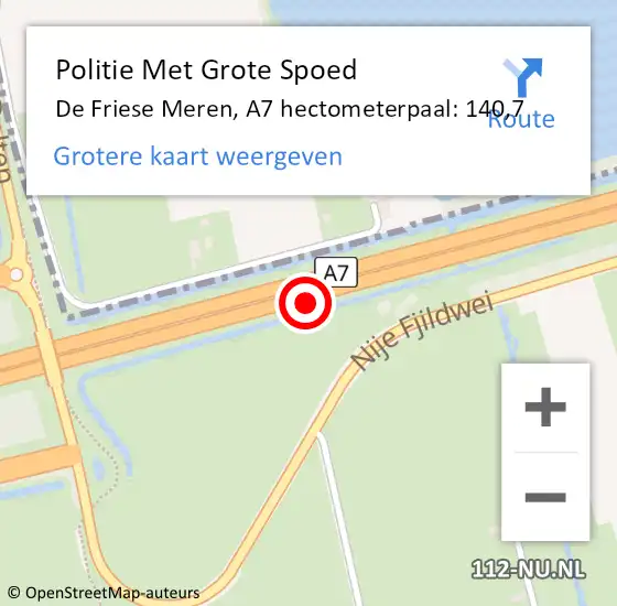 Locatie op kaart van de 112 melding: Politie Met Grote Spoed Naar De Friese Meren, A7 hectometerpaal: 140,7 op 5 september 2021 23:53