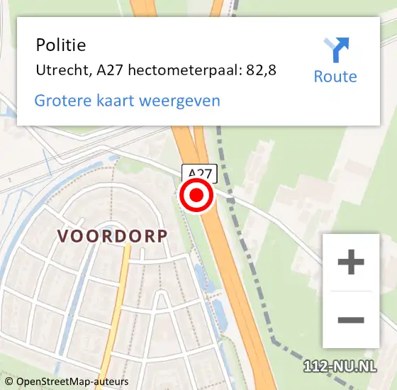 Locatie op kaart van de 112 melding: Politie Utrecht, A27 hectometerpaal: 82,8 op 6 september 2021 02:18
