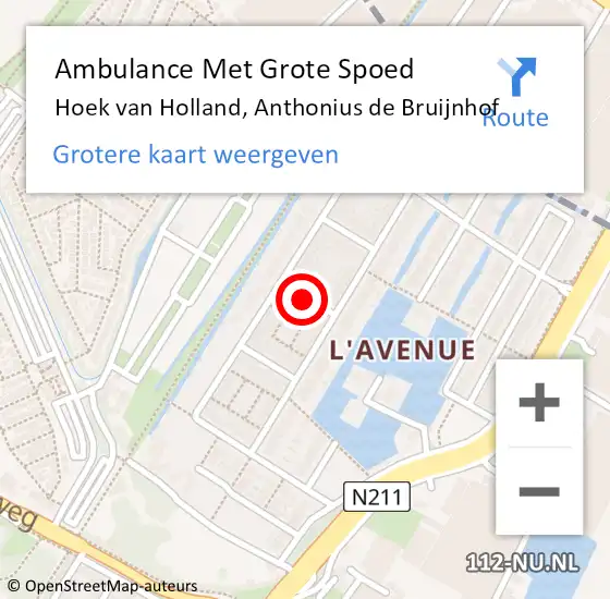 Locatie op kaart van de 112 melding: Ambulance Met Grote Spoed Naar Hoek van Holland, Anthonius de Bruijnhof op 6 september 2021 03:48