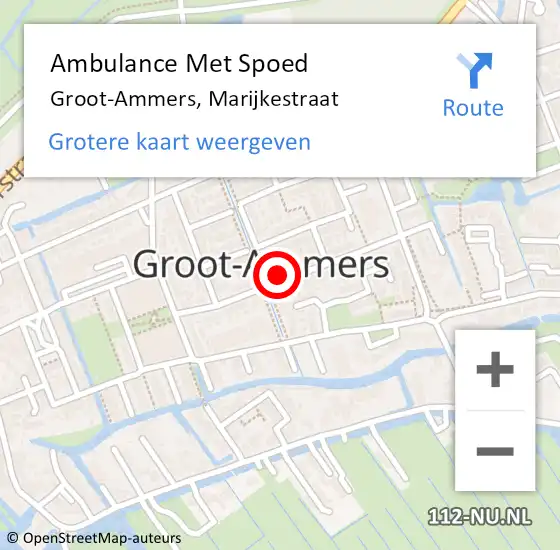 Locatie op kaart van de 112 melding: Ambulance Met Spoed Naar Groot-Ammers, Marijkestraat op 6 september 2021 03:56