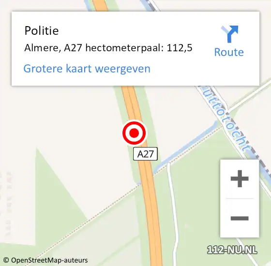 Locatie op kaart van de 112 melding: Politie Almere, A27 hectometerpaal: 112,5 op 6 september 2021 07:26