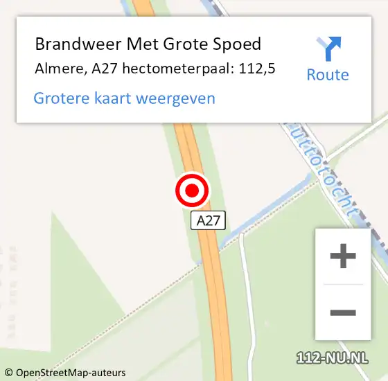 Locatie op kaart van de 112 melding: Brandweer Met Grote Spoed Naar Almere, A27 hectometerpaal: 112,5 op 6 september 2021 07:33