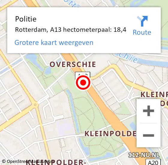 Locatie op kaart van de 112 melding: Politie Rotterdam, A13 hectometerpaal: 18,4 op 6 september 2021 07:41