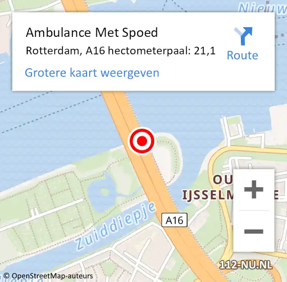 Locatie op kaart van de 112 melding: Ambulance Met Spoed Naar Rotterdam, A16 hectometerpaal: 21,1 op 6 september 2021 09:02