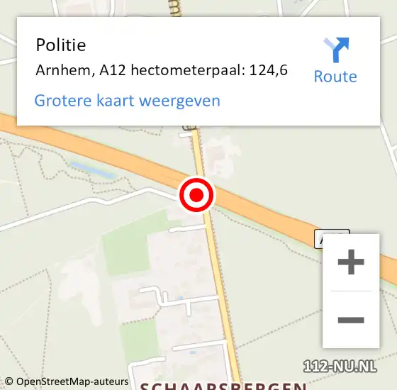Locatie op kaart van de 112 melding: Politie Arnhem, A12 hectometerpaal: 124,6 op 6 september 2021 09:28