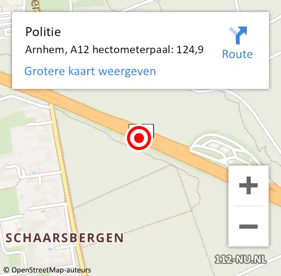 Locatie op kaart van de 112 melding: Politie Arnhem, A12 hectometerpaal: 124,9 op 6 september 2021 10:00
