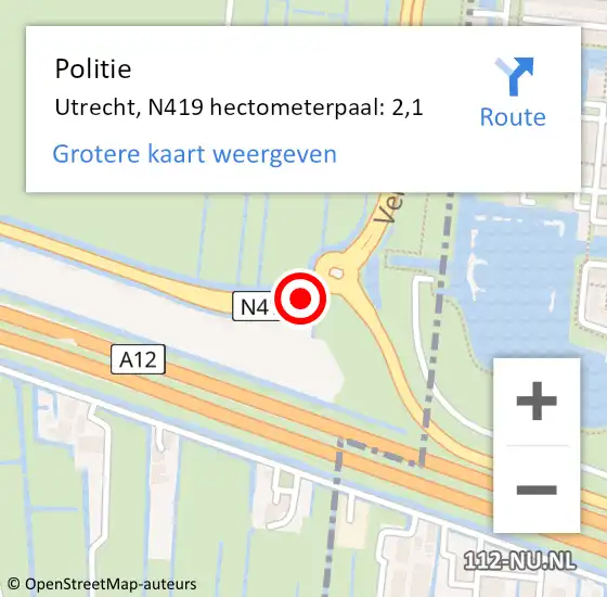 Locatie op kaart van de 112 melding: Politie Utrecht, N419 hectometerpaal: 2,1 op 6 september 2021 11:56