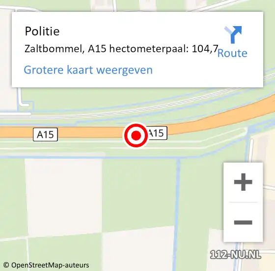 Locatie op kaart van de 112 melding: Politie Zaltbommel, A15 hectometerpaal: 104,7 op 6 september 2021 12:52