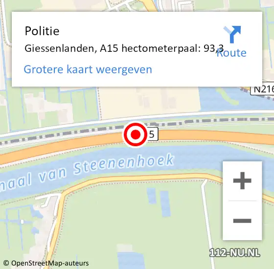 Locatie op kaart van de 112 melding: Politie Giessenlanden, A15 hectometerpaal: 93,3 op 6 september 2021 13:00