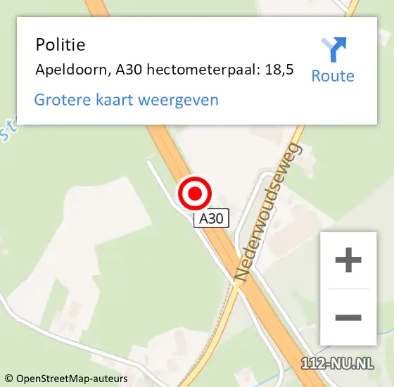 Locatie op kaart van de 112 melding: Politie Apeldoorn, A30 hectometerpaal: 18,5 op 6 september 2021 13:24