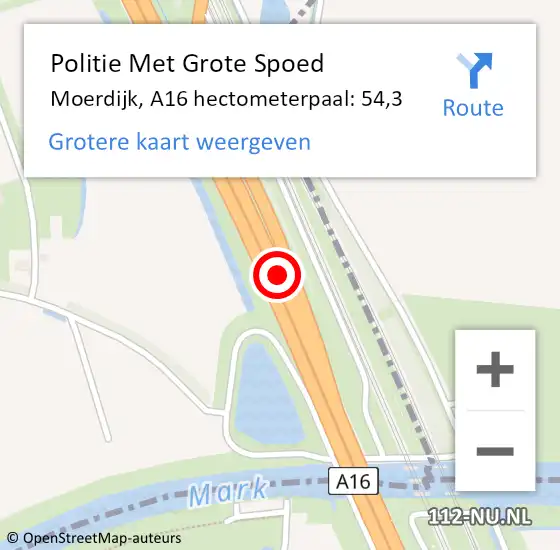 Locatie op kaart van de 112 melding: Politie Met Grote Spoed Naar Moerdijk, A16 hectometerpaal: 54,3 op 6 september 2021 13:42