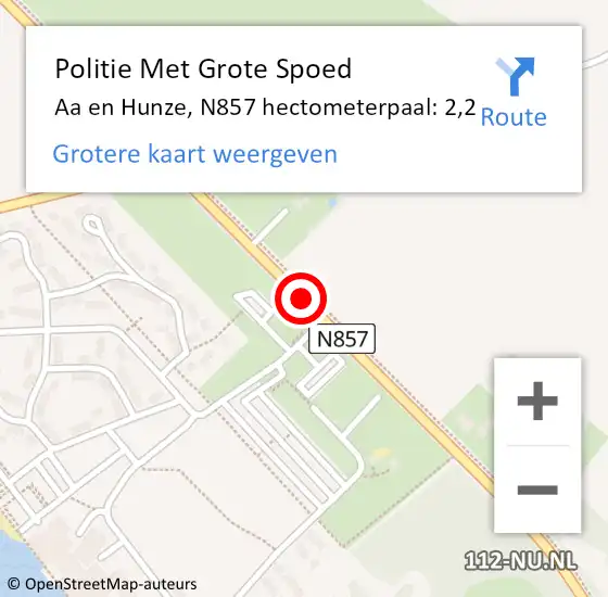 Locatie op kaart van de 112 melding: Politie Met Grote Spoed Naar Aa en Hunze, N857 hectometerpaal: 2,2 op 6 september 2021 14:51