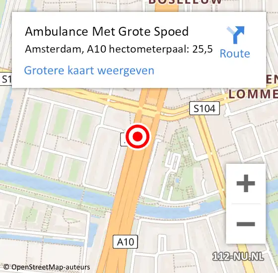 Locatie op kaart van de 112 melding: Ambulance Met Grote Spoed Naar Amsterdam, A10 hectometerpaal: 25,5 op 6 september 2021 14:54