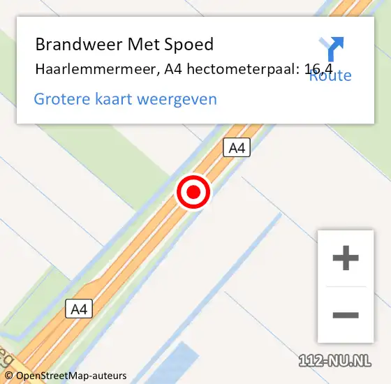 Locatie op kaart van de 112 melding: Brandweer Met Spoed Naar Haarlemmermeer, A4 hectometerpaal: 16,4 op 6 september 2021 15:51