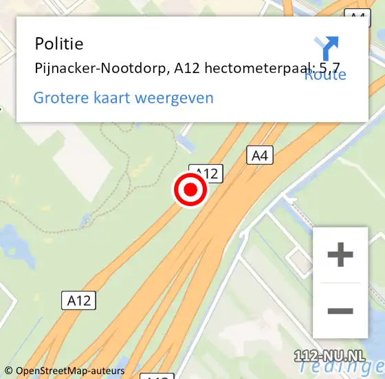 Locatie op kaart van de 112 melding: Politie Den Haag, A12 hectometerpaal: 5,7 op 6 september 2021 17:14