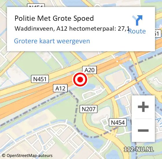 Locatie op kaart van de 112 melding: Politie Met Grote Spoed Naar Waddinxveen, A12 hectometerpaal: 27,1 op 6 september 2021 17:42