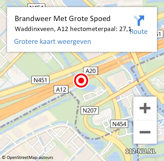 Locatie op kaart van de 112 melding: Brandweer Met Grote Spoed Naar Waddinxveen, A12 hectometerpaal: 27,1 op 6 september 2021 17:42