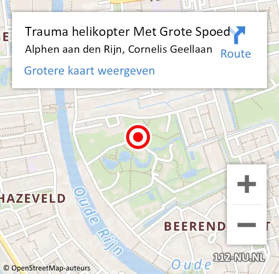 Locatie op kaart van de 112 melding: Trauma helikopter Met Grote Spoed Naar Alphen aan den Rijn, Cornelis Geellaan op 6 september 2021 20:50