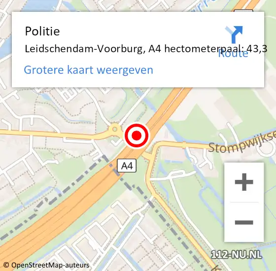 Locatie op kaart van de 112 melding: Politie Leidschendam-Voorburg, A4 hectometerpaal: 43,3 op 6 september 2021 21:17